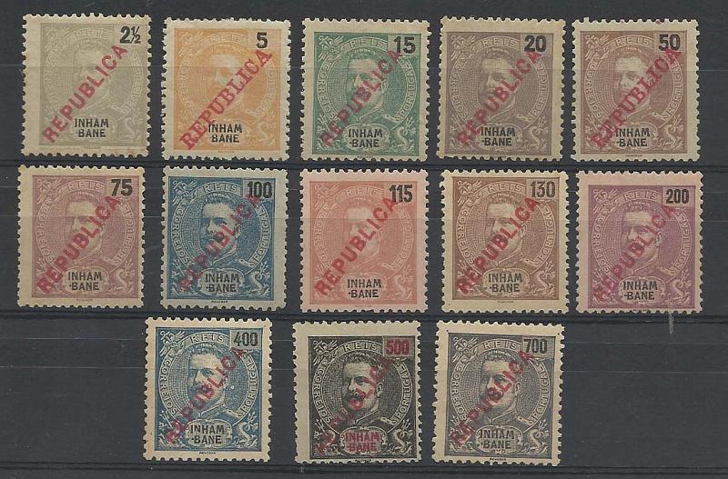 1321.jpg -     Lote:    1321            Inhambane       Descrição:         1917 &mdash; D. Carlos I, com sobrecarga REPUBLICA local. CE89/101. Série completa. Valor de catálogo &euro; 112,00.         *       Valor Base:     &euro; 20,00     Valor Venda:     &euro; 30,00       