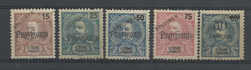 1330.jpg -     Lote:    1330            São Tomé e Príncipe       Descrição:         1903/05 &mdash; D. Carlos I, com sobrecarga e sobretaxa. CE83/86 + CE95. Séries completas com sobrecarga "SPECIMEN" a preto. Selos originais distribuídos com as reimpressões de 1905.        **       Valor Base:     &euro; 50,00     Valor Venda:     &euro; 50,00       