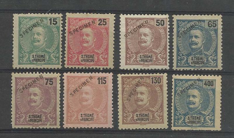 1331.jpg -     Lote:    1331            São Tomé e Príncipe       Descrição:         1903 &mdash; D. Carlos I, tipo Mouchon. Novas cores e valores. CE87/94. Série completa com sobrecarga "SPECIMEN" a preto. Originais distribuídos com as reimpressões de 1905.        **       Valor Base:     &euro; 125,00     Valor Venda:     &euro; 125,00       