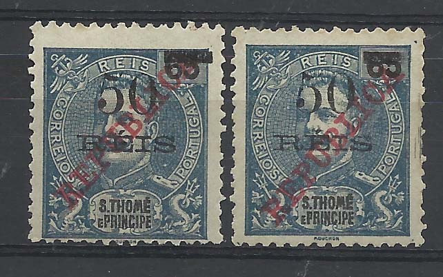 1332.jpg -     Lote:    1332            São Tomé e Príncipe       Descrição:         1905 &mdash; D. Carlos I, com sobretaxa. CE95, 50 s/ 65 reis azul. Lote de dois selos: um normal e outro com bandeira curta e fendido.        *       Valor Base:     &euro; 8,00     Valor Venda:     &euro; 16,00       