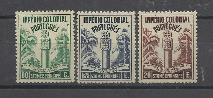 1337.jpg -     Lote:    1337            São Tomé e Príncipe       Descrição:         1938 &mdash; Primeira Viagem Presidencial ao Ultramar. CE316/18. Série completa. Ligeira transposição de pigmentação vermelha no verso. Valor de catálogo &euro; 153,00.        ***       Valor Base:     &euro; 30,00     Valor Venda:     Retirado     