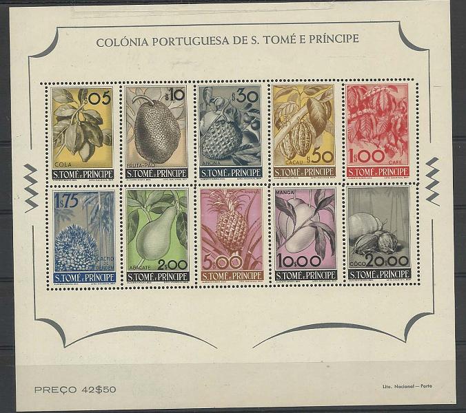 1342.jpg -     Lote:    1342            São Tomé e Príncipe       Descrição:         1948 &mdash; Frutos de S. Tomé e Príncipe. CE BLC1. Bloco com goma original sem sinal de charneira, muito bem conservado. MR e MB. Valor de catálogo &euro; 480,00.        BLC***       Valor Base:     &euro; 100,00     Valor Venda:     &euro; 100,00       