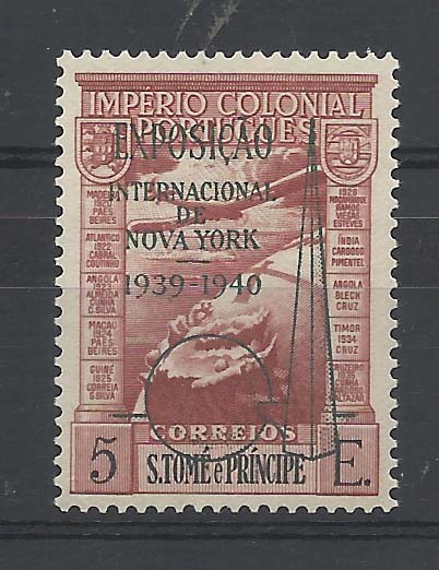 1344.jpg -     Lote:    1344            São Tomé e Príncipe       Descrição:         1938 &mdash; Império Colonial Português, com sobrecarga "Exposição Internacional de Nova York 1939-1940". CE CA 16A, 5E. Valor de catálogo &euro; 225,00.        ***       Valor Base:     &euro; 40,00     Valor Venda:     Retirado     