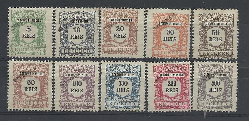 1345.jpg -     Lote:    1345            São Tomé e Príncipe       Descrição:         1904 &mdash; Porteado. Emissão Regular. CE POR1/10. Série completa com sobrecarga SPECIMEN a preto. Selos originais distribuídos com as reimpressões de 1905. Regomados.         RG**       Valor Base:     &euro; 100,00     Valor Venda:     &euro; 140,00       