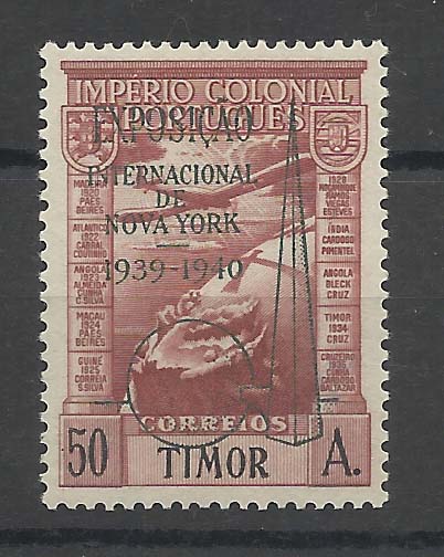 1349.jpg -     Lote:    1349            Timor       Descrição:         1938 &mdash; Império Colonial Português, com sobrecarga "Exposição Internacional de Nova York 1939-1940". CE CA 7A, 50 avos. Valor de catálogo &euro; 225,00.        ***       Valor Base:     &euro; 50,00     Valor Venda:     &euro; 50,00       