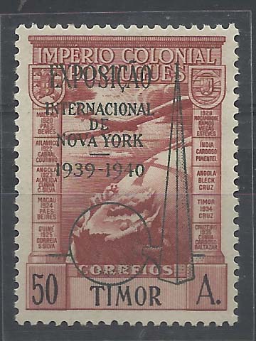 1350.jpg -     Lote:    1350            Timor       Descrição:         1938 &mdash; Império Colonial Português. Correio Aéreo. Sobrecarga "EXPOSIÇÃO INTERNACIONAL DE NOVA YORK 1939-1940". CE CA7A, 50 avos castanho. Valor de catálogo &euro; 150,00.        **       Valor Base:     &euro; 40,00     Valor Venda:     Retirado     