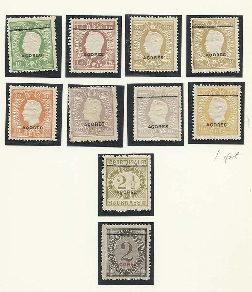 1583.jpg -     Lote:    1583            Ilhas e Distritos Postais       Descrição:         Reimpressões de 1885. 1882/84 &mdash; D. Luís I, fita direita com sobrecarga Açores + Jornaes + Taxa de Telegramas. Lote com 10 reimpressões CE37, 38, 39 (2), 41, 42, 44, 45, 46 e 51. Sete reimpressões com traço fino de 20mm. Valor de catálogo &euro; 364,00.        R*       Valor Base:     &euro; 100,00     Valor Venda:     Retirado     