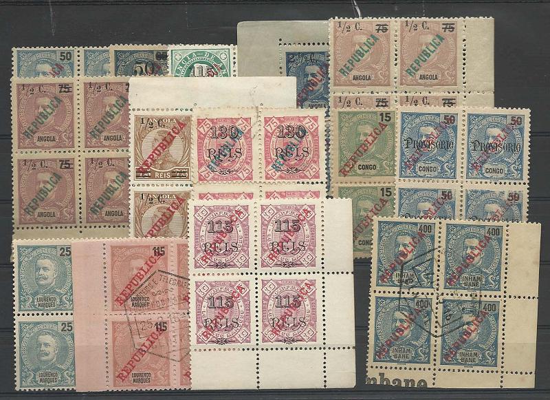 1643.jpg -     Lote:    1643                   Descrição:      Angola, Congo, Lourenço Marques e Inhambane.   Lote composto por: 8 quadras novas de Angola CE167, 176, 178, 192, 193 (2x tonalidades) 190 e 173; 2 quadras do Congo CE63 e 131; três quadras de Lourenço Marques CE81, 87 (usada) e 133 e uma quadra de Inhambane CE99 (usada). Bom valor de catálogo.        Lote       Valor Base:     &euro; 40,00     Valor Venda:     &euro; 40,00       