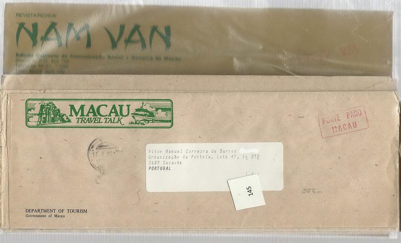 1649.jpg -     Lote:    1649                   Descrição:      Macau   &mdash; Lote composto por 4 cintas de jornal e um envelope de jornal. Uma das cintas com carimbo vermelho "Pago em Macau"; outra com carimbo mecânico. Restantes com selos diversos, incluindo 20 Patacas CE441 (2).        Lote       Valor Base:     &euro; 15,00     Valor Venda:     Retirado     