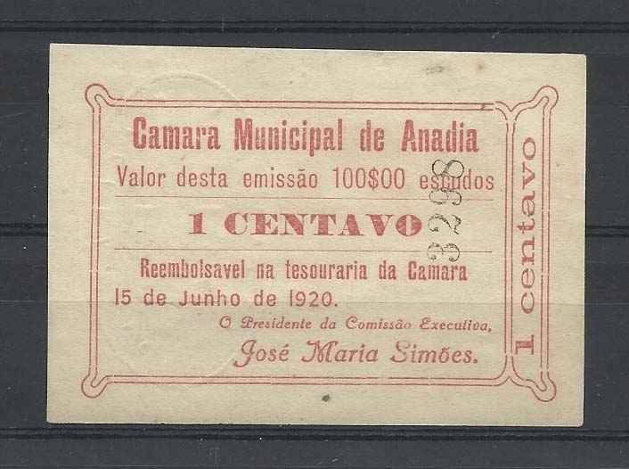 1661.jpg -     Lote:    1661                   Descrição:         Anadia, Câmara Municipal. 1c vermelha. MA223, Nova. Escassa.        CDL       Valor Base:     &euro; 14,00     Valor Venda:     &euro; 16,00       