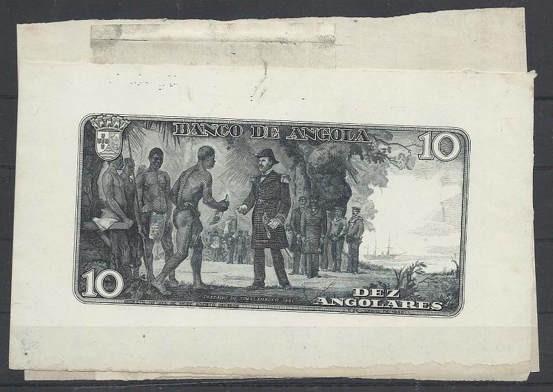 1675.jpg -     Lote:    1675                   Descrição:         Angola. Padre António Barroso. Lote com três provas da nota de 10 angolares, sendo uma do busto, outra do anverso sem efígie (castanho escuro) e do reverso )ardósia). MR e MB.        PRV       Valor Base:     &euro; 240,00     Valor Venda:     Retirado     