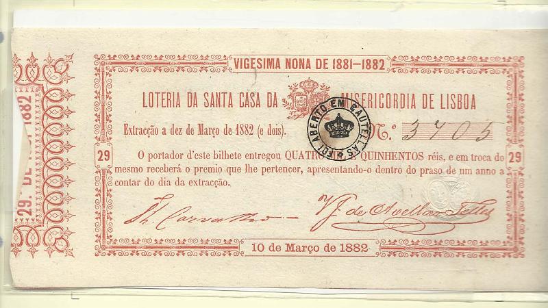 1679.jpg -     Lote:    1679                   Descrição:         Lotaria Nacional. Lote com 6 cautelas de lotaria de 1882, 1929, 1954, 1956, 1964 e 2003.        Lote       Valor Base:     &euro; 15,00     Valor Venda:     Retirado     