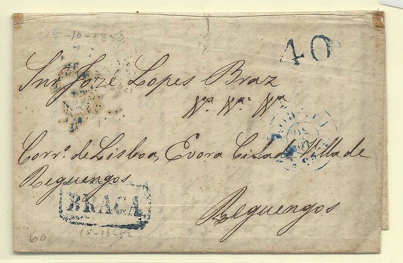 1687.jpg -     Lote:    1687                   Descrição:      Braga   &mdash; A azul, GM BRG4 em carta circulada de Braga (15.10.1852) para Reguengos, com trânsito pelo Porto (16.10.52) e Lisboa (20.10.52), e com o porte de 40 reis batido a azul.        Carta       Valor Base:     &euro; 10,00     Valor Venda:     Retirado     
