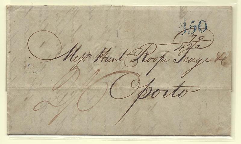 1693.jpg -     Lote:    1693      Lotes pelo Correio              Descrição:      Lisboa   &mdash; A azul, GM LSB25 em carta datada de Londres (26.06.1835) para o Porto com trânsito por lisboa (07.07.1835). Porte de 350 reis batido a azul + 70 reis manuscrito (porte territorial).        Carta       Valor Base:     &euro; 8,00     Valor Venda:     Retirado     