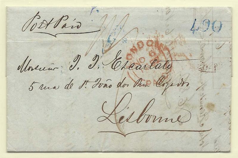 1694.jpg -     Lote:    1694      Lotes pelo Correio              Descrição:      Lisboa   &mdash; A azul, GM LSB22 em carta datada de Londres (06.11.1852) para Lisboa (13.11.1852) com o porte de 490 reis batido a azul.        Carta       Valor Base:     &euro; 10,00     Valor Venda:     Retirado     