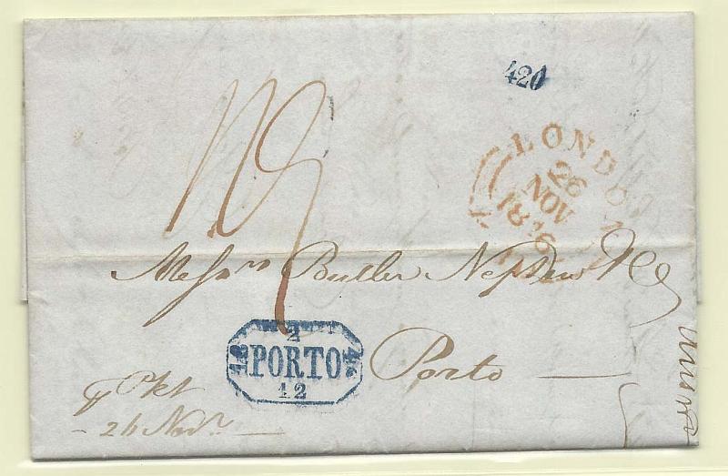 1695.jpg -     Lote:    1695      Lotes pelo Correio              Descrição:      Porto   - A azul, GM PRT18 em carta datada de Londres (26.11.1846) para o Porto (02.12.1846) com o porte de 420 reis batido a azul.        Carta       Valor Base:     &euro; 5,00     Valor Venda:     Retirado     