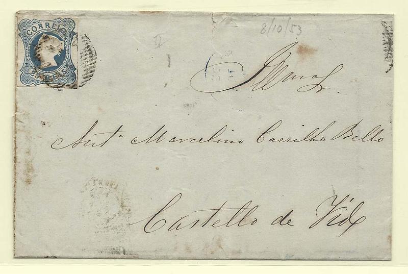 1698.jpg -     Lote:    1698      Lotes pelo Correio       Portugal        Descrição:         1853 &mdash; D. Maria II. CE2, 25 reis azul cunho II em capa de carta circulada para Castelo de Vide.        Carta       Valor Base:     &euro; 10,00     Valor Venda:     Retirado     