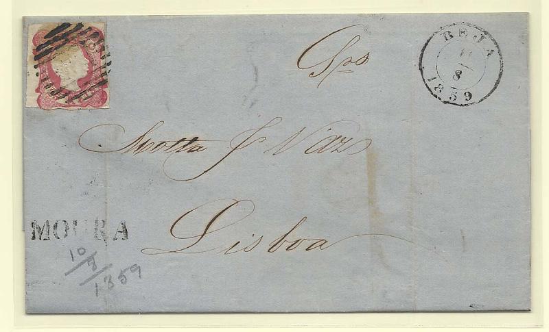 1701.jpg -     Lote:    1701      Lotes pelo Correio       Portugal        Descrição:         1856/58 &mdash; D. Pedro V. Cabelos anelados. CE13, 25 reis carmim em carta circulada de Moura (10.05.59) para Lisboa (12.08.59). Carimbo nominativo batido a preto MOURA.        Carta       Valor Base:     &euro; 12,00     Valor Venda:     Retirado     
