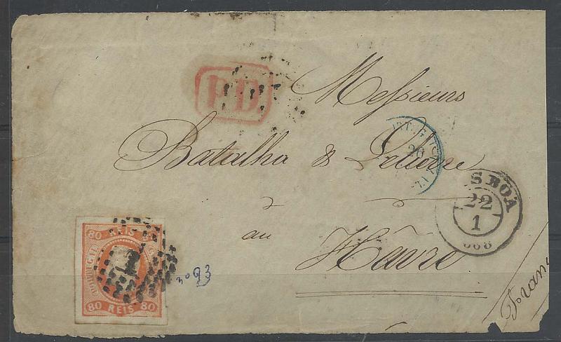 1702.jpg -     Lote:    1702      Lotes pelo Correio       Portugal        Descrição:         1866/67 &mdash; D. Luís I, fita curca, não denteados. CE24, 80 reis laranja, em frente de sobrescrito circulado de Lisboa (22.01.1866) para o Havre.        Carta       Valor Base:     &euro; 12,00     Valor Venda:     Retirado     