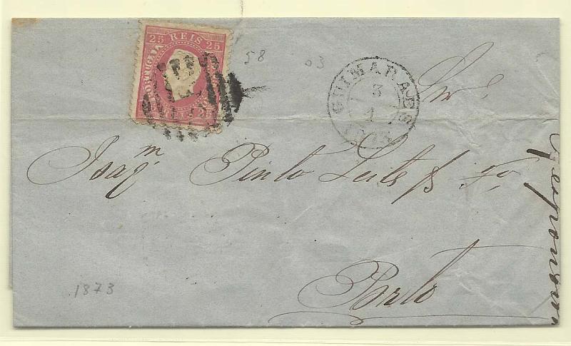 1704.jpg -     Lote:    1704      Lotes pelo Correio       Portugal        Descrição:         1870/76 &mdash; D. Luís I. Fita direita. CE40, 25 reis carmim rosa, denteado 12 &frac12;, papel liso, em carta circulada de Guimarães (03.01.1873) para o Porto (04.01.73).        Carta       Valor Base:     &euro; 6,00     Valor Venda:     Retirado     