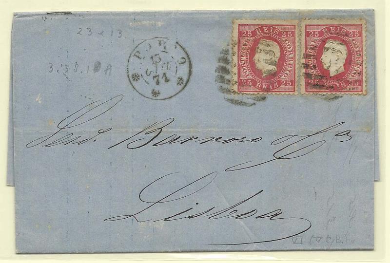 1705.jpg -     Lote:    1705      Lotes pelo Correio       Portugal        Descrição:         1870/76 &mdash; D. Luís I. Fita direita. CE40, 25 reis carmim, papel liso, denteado 12 &frac12;. Dois selos em carta remetida do Porto (13.10.71) para Lisboa (14.10.71). Duplo porte.        Carta       Valor Base:     &euro; 5,00     Valor Venda:     Retirado     