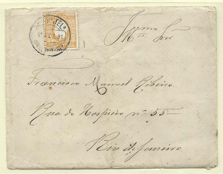 1707.jpg -     Lote:    1707      Lotes pelo Correio       Portugal        Descrição:         1870/76 &mdash; D. Luís I. Fita direita. CE42, 80 reis laranja, papel porcelana, denteado 12 &frac12; em sobrescritos circulado de Macedo de Cavaleiros (13.02.91) para o Rio de Janeiro (12.03.91).        Carta       Valor Base:     &euro; 10,00     Valor Venda:     Retirado     