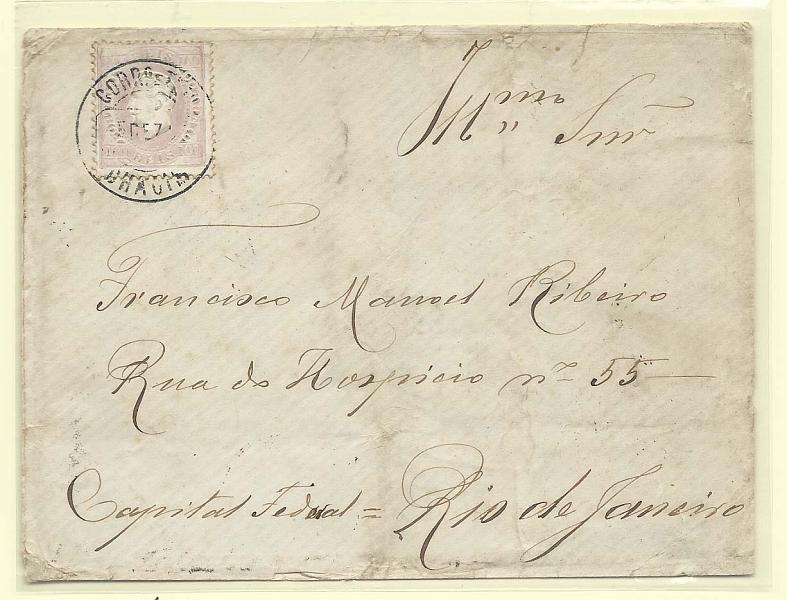 1708.jpg -     Lote:    1708      Lotes pelo Correio       Portugal        Descrição:         1870/76 &mdash; D. Luís I. Fita direita. CE43, 100 reis lilás, papel porcelana, denteado 12 &frac12; em sobrescrito circulado de Chacim (05.12.90) para o Rio de Janeiro (21.12.90) com trânsito por Macedo de Cavaleiros (05.12.90).        Carta       Valor Base:     &euro; 15,00     Valor Venda:     Retirado     