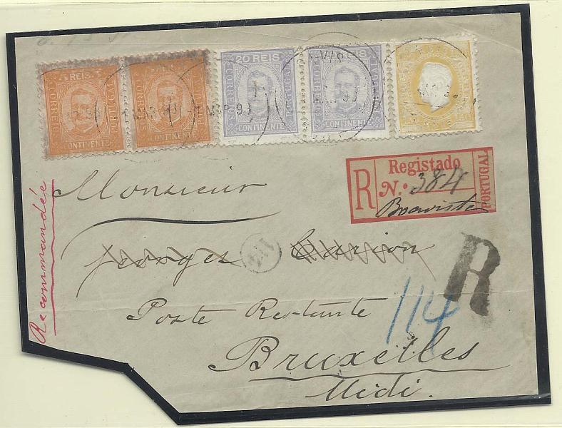 1709.jpg -     Lote:    1709      Lotes pelo Correio       Portugal        Descrição:         1879/92 &mdash; D. Luís, fita direita + D. Carlos I Diogo Neto. Fragmento de carta circulada registada do Porto (01.03.93) para Bruxelas com selos de 150 reis , denteado 12 &frac12;, papel porcelana + par de 5 reis amarelo papel porcelana, denteado 11 &frac12; + par de 20 reis, pp porcelana, denteado 12 &frac12;. CE51, 68 e 75.        FRG       Valor Base:     &euro; 15,00     Valor Venda:     Retirado     