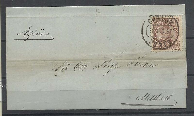 1710.jpg -     Lote:    1710      Lotes pelo Correio       Portugal        Descrição:         1882/83 &mdash; D. Luís I, de frente. CE57, 25 reis papel liso, denteado 11 &frac12; em carta circulada do Porto (18.06.87) para Madrid + 25 reis papel porcelana, denteado 12 &frac12; em carta circulada também do porto para Madrid.        Carta       Valor Base:     &euro; 6,00     Valor Venda:     &euro; 6,00       