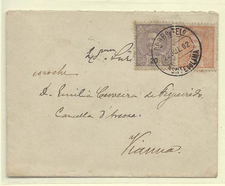 1714.jpg -     Lote:    1714      Lotes pelo Correio       Portugal        Descrição:         1895/1896 &mdash; D. Carlos I Mouchon. Sobrescrito circulado de Ponte de Lima (22.07.02) para Viana (22.07.02) com selos de 5 e20 reis CE127, 130.        Carta       Valor Base:     &euro; 4,00     Valor Venda:     &euro; 4,00       