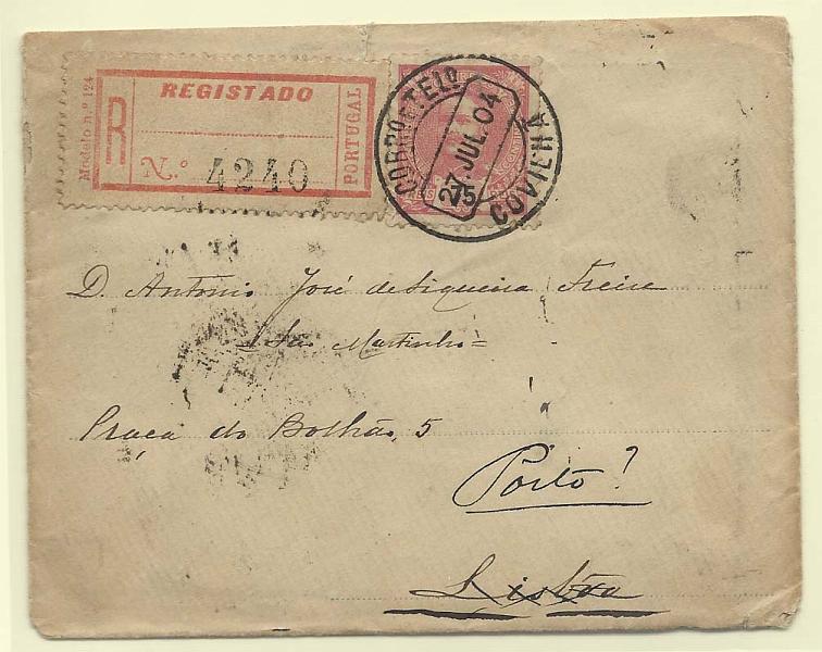 1715.jpg -     Lote:    1715      Lotes pelo Correio       Portugal        Descrição:         1895/96 &mdash; D. Carlos I Mouchon. CE131, 75 reis carmim em sobrescrito circulado registado da Covilhã (27.07.04) para Lisboa (28.07.04) e reexpedido para o Porto (29.07.04).        Carta       Valor Base:     &euro; 8,00     Valor Venda:     &euro; 8,00       
