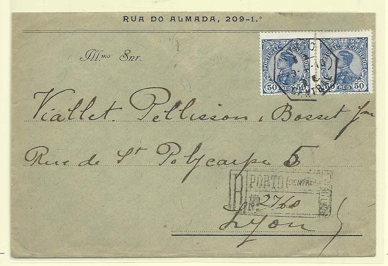 1716.jpg -     Lote:    1716      Lotes pelo Correio       Portugal        Descrição:         1910 &mdash; D. Manuel II. CE162, 50 reis azul. Par em sobrescrito circulado registado do Porto (09.04.1910) para Lion (12.04.10).        Carta       Valor Base:     &euro; 12,00     Valor Venda:     &euro; 12,00       