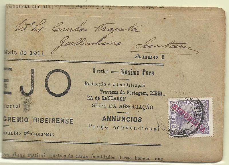 1717.jpg -     Lote:    1717      Lotes pelo Correio       Portugal        Descrição:         1910 &mdash; D. Manuel II, com sobrecarga REPUBLICA. Jornal "O TEJO" circulado de Ribeira de Santarém (15.05.11) para Santarém com selo de 2 &frac12; reis violeta CE170.        JRN       Valor Base:     &euro; 10,00     Valor Venda:     &euro; 27,00       
