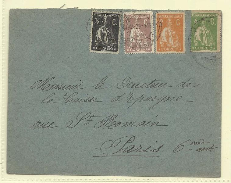 1718.jpg -     Lote:    1718      Lotes pelo Correio       Portugal        Descrição:         1912/20 &mdash; Ceres. Sobrescrito circulado de Lisboa (19.12.20) para Paris, com selos de &frac12; c, 1c, 2c e 4c. CE205, 221, 223 e 226.        Carta       Valor Base:     &euro; 6,00     Valor Venda:     &euro; 6,00       