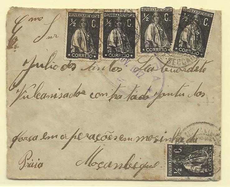 1721.jpg -     Lote:    1721      Lotes pelo Correio       Portugal        Descrição:         1914 &mdash; Ceres. CE207, &frac12; c preto, denteado 15x14. Cinco selos perfazendo o porte de 2 &frac12; c em carta circulada censurada de lisboa (07.11.17) para Moçambique.        Carta       Valor Base:     &euro; 10,00     Valor Venda:     &euro; 12,00       