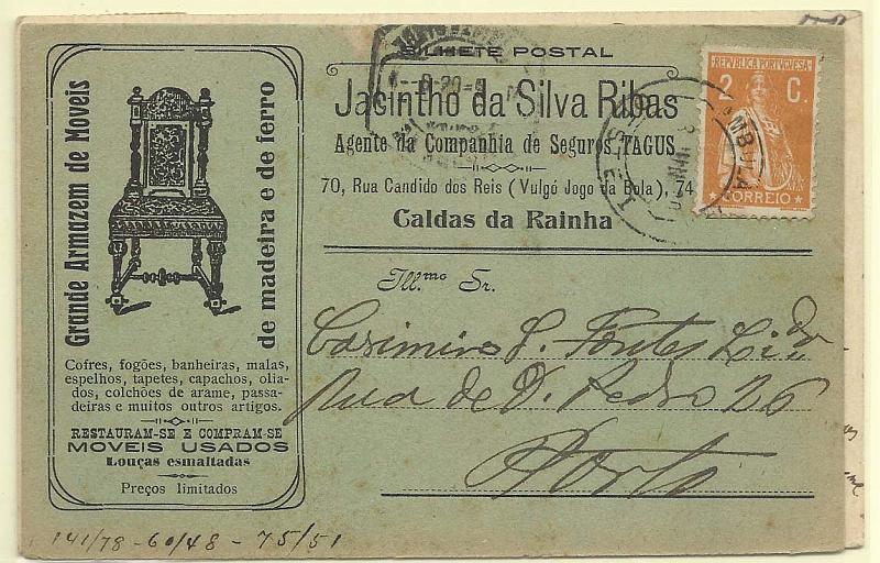 1722.jpg -     Lote:    1722      Lotes pelo Correio       Portugal        Descrição:         1917/20 &mdash; Ceres. CE223, 2c laranja. Dois postais circulados, um com selo simples e outro com tira de 3 selos, todos em denteado 15x14.        PI       Valor Base:     &euro; 8,00     Valor Venda:     &euro; 10,00       