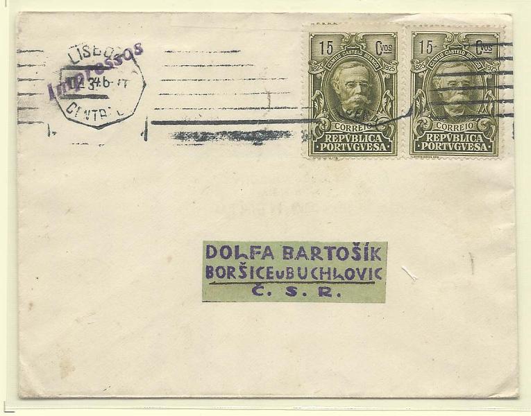 1724.jpg -     Lote:    1724      Lotes pelo Correio       Portugal        Descrição:         1934 &mdash; Selos de recurso. Centenário do Nascimento de Castelo Branco. CE337, 15c. Par em sobrescrito circulado de lisboa (01.02.34) para a Checoslováquia.        Carta       Valor Base:     &euro; 10,00     Valor Venda:     Retirado     