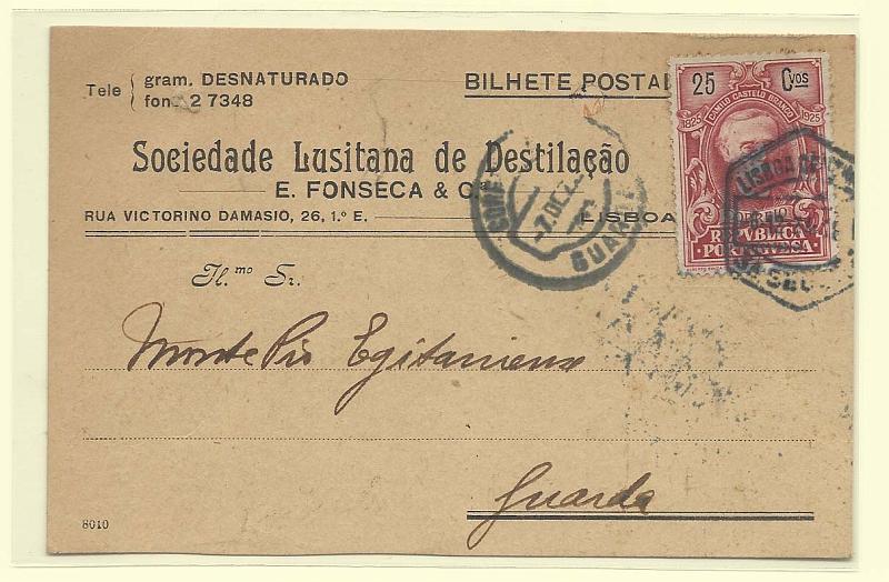 1725.jpg -     Lote:    1725      Lotes pelo Correio       Portugal        Descrição:         1934 &mdash; Selos de recurso. Centenário de camilo Castelo Branco. CE340, 25c carmim em postal circulado de Lisboa (06.12.34) para a Guarda. Segundo período de circulação.        PI       Valor Base:     &euro; 5,00     Valor Venda:     Retirado     