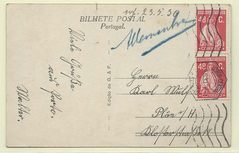 1726.jpg -     Lote:    1726      Lotes pelo Correio       Portugal        Descrição:         1926 &mdash; Ceres. Emissão Londres. CE407, 48C rosa. Dois selos em postal circulado de Lisboa (25.05.30) para a Alemanha.        PI       Valor Base:     &euro; 5,00     Valor Venda:     Retirado     