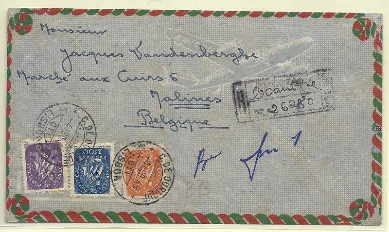 1729.jpg -     Lote:    1729      Lotes pelo Correio       Portugal        Descrição:         1943/49 &mdash; Caravela. Sobrescrito circulado registado por via aérea de Campo de Ourique (04.08.49) para a Bélgica com selos de $20, 2$00 e 5$00, CE620, 629 e 701.        Carta       Valor Base:     &euro; 5,00     Valor Venda:     &euro; 5,00       