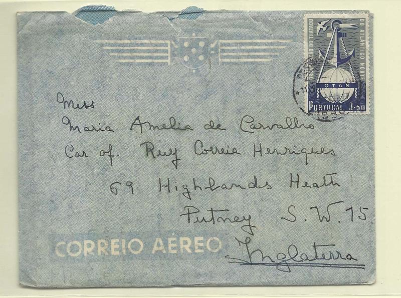 1732.jpg -     Lote:    1732      Lotes pelo Correio       Portugal        Descrição:         1952 &mdash; 3.º Aniversário da OTAN. CE750, 3$50 azul, em sobrescrito circulado de Lisboa ( 10.05.52) para Inglaterra.        Carta       Valor Base:     &euro; 10,00     Valor Venda:     &euro; 10,00       