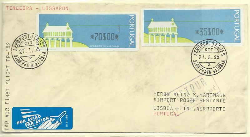 1734.jpg -     Lote:    1734      Lotes pelo Correio       Portugal        Descrição:         1991/92 &mdash; Espigueiro + Ciclista. Lote composto por duas cartas: uma circulada no primeiro voo TP-182 com etiquetas de 35$00 e 70$00 CE ETQ3 das Lajes (27.03.95) para Lisboa e outro no 1.º voo TP-766 com etiquetas de 38$00 e 70$00 CE6 de Lisboa (30.03.95) para Itália.         Carta       Valor Base:     &euro; 8,00     Valor Venda:     &euro; 8,00       