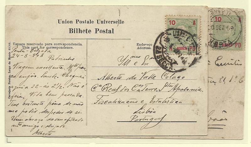 1735.jpg -     Lote:    1735      Lotes pelo Correio       Açores       Descrição:         1906 &mdash; D. Carlos I Mouchon. CE98, 10 reis verde amarelo. Dois postais ilustrados com selos obliterados um em Lisboa e outro na Horta.        Lote       Valor Base:     &euro; 10,00     Valor Venda:     Retirado     