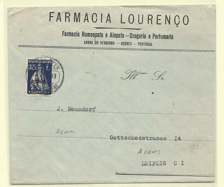 1736.jpg -     Lote:    1736      Lotes pelo Correio       Açores       Descrição:         1930/31 &mdash; Ceres. Gravura retocada. Selos do Continente com sobrecarga AÇORES. CE310, 1$25 azul escuro em sobrescrito circulado de Angra do Heroísmo (15.04.33) para a Alemanha.         Carta       Valor Base:     &euro; 4,00     Valor Venda:     &euro; 4,00       