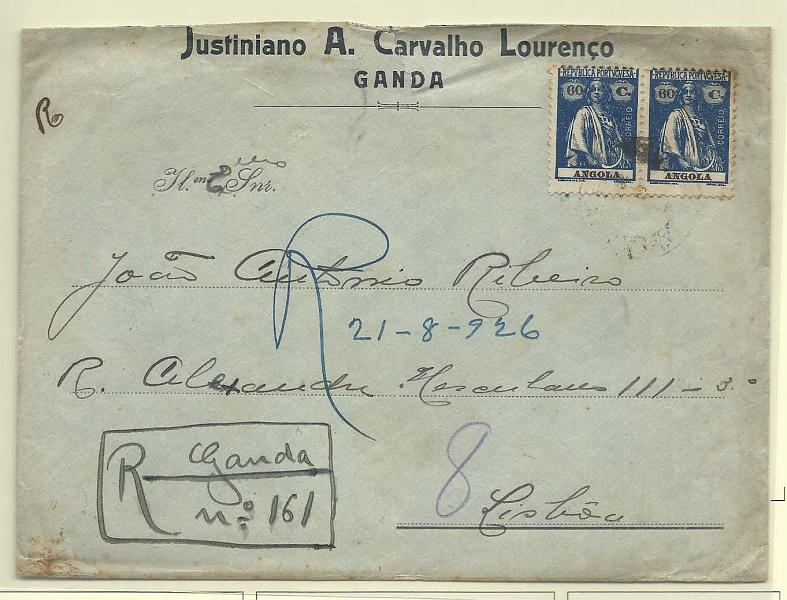 1738.jpg -     Lote:    1738      Lotes pelo Correio       Angola       Descrição:         192&frac12;2 &mdash; Ceres. CE208, 60c azul. Par em carta circulada registada da Ganda para Lisboa (19.05.26) com trânsito por Benguela (13.05.26).        Carta       Valor Base:     &euro; 15,00     Valor Venda:     Retirado     