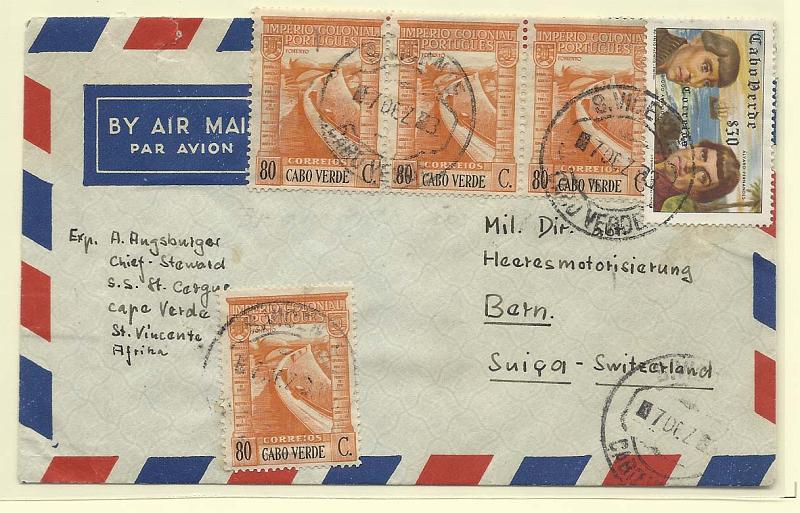 1744.jpg -     Lote:    1744      Lotes pelo Correio       Cabo Verde       Descrição:         1938/52 &mdash; Império Colonial Português + Descobrimentos. Sobrescrito circulado de S. Vicente (07.12.53) para a Suiça, com selos de $30 CE268 e 4 selos de 80c CE229.        Carta       Valor Base:     &euro; 8,00     Valor Venda:     Retirado     