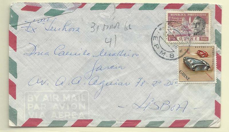 1748.jpg -     Lote:    1748      Lotes pelo Correio       Guiné       Descrição:         1954/62 &mdash; Centenário de S. Paulo + Modalidades desportivas. Sobrescrito circulado da EPM-8 (31.03.66) para Lisboa com selos de 1$00 CE281 + $50 CE289.        Carta       Valor Base:     &euro; 5,00     Valor Venda:     Retirado     