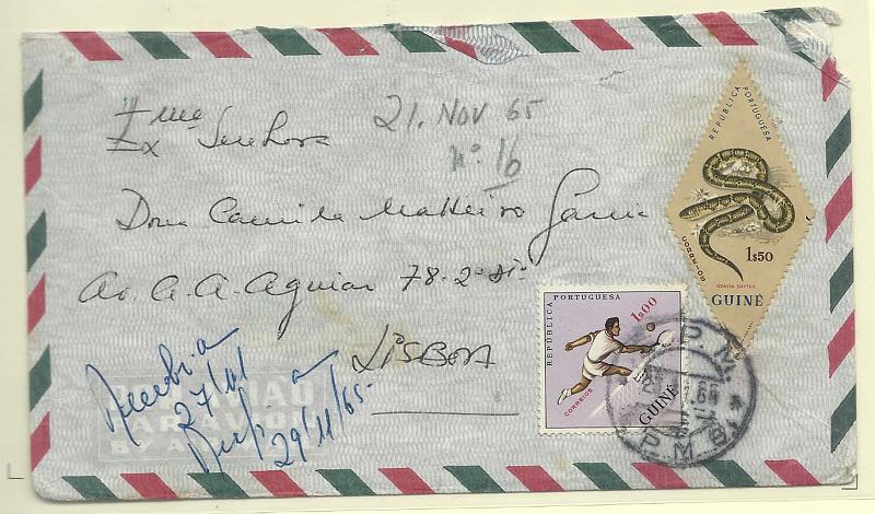1749.jpg -     Lote:    1749      Lotes pelo Correio       Guiné       Descrição:         1962/63 &mdash; Modalidades desportivas + Cobras. Sobrescrito circulado da EPM-8 (23.01.68) para Lisboa com selos de 1$00 CE290 e 1$50 CE300.         Carta       Valor Base:     &euro; 5,00     Valor Venda:     Retirado     