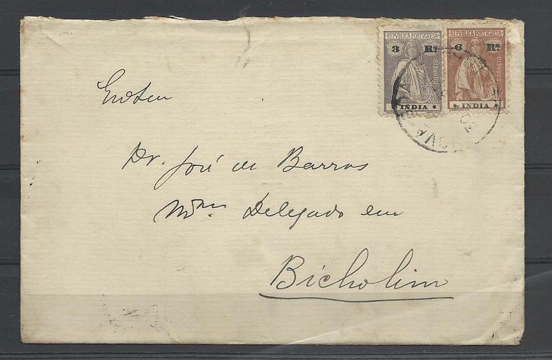 1750.jpg -     Lote:    1750      Lotes pelo Correio       Índia Portuguesa       Descrição:         1914 &mdash; Ceres. Sobrescrito circulado de Nova Goa para Bicholim com selos de 3 reis e 6 reis CE258 e 261.        Carta       Valor Base:     &euro; 6,00     Valor Venda:     &euro; 6,00       