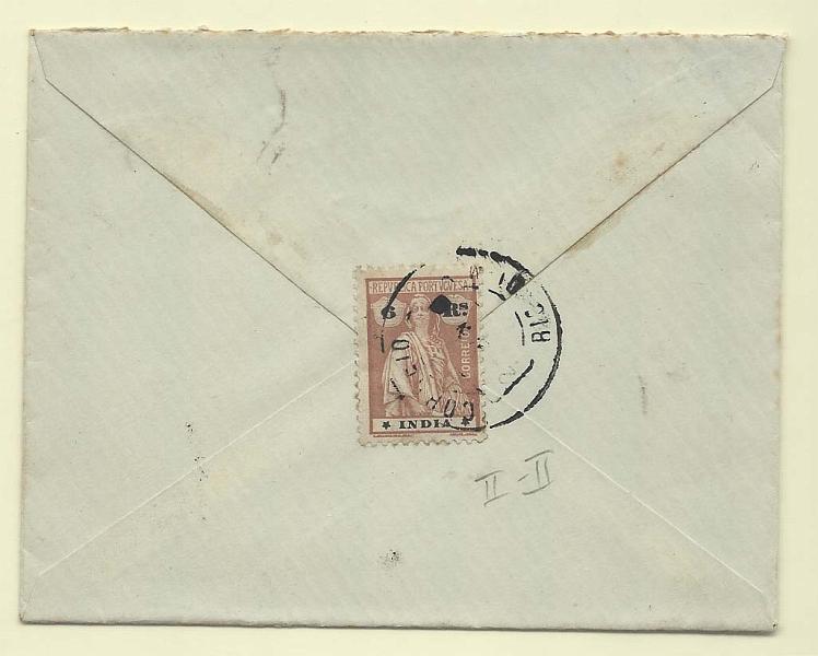 1751.jpg -     Lote:    1751      Lotes pelo Correio       Índia Portuguesa       Descrição:         1914 &mdash; Ceres. Sobrescrito circulado de Bicholim para Nova com selo de 6 reis castanho CE261, denteado 12x11 &frac12;, papel acetinado, estrelas II/II. MR.        Carta       Valor Base:     &euro; 10,00     Valor Venda:     &euro; 10,00       
